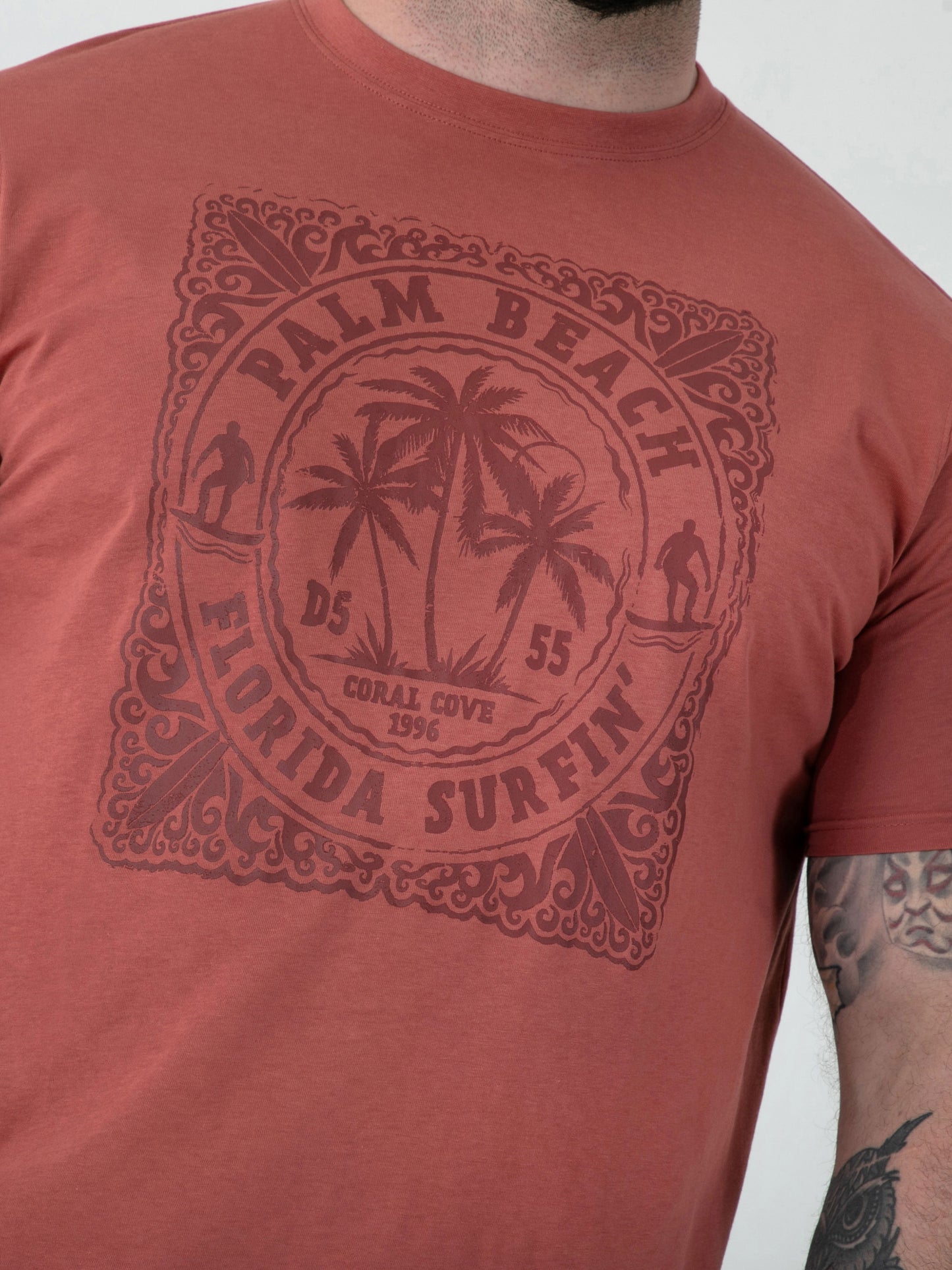 TITCHMARSH -D555 Brick Red Florida Surfin' Tonal Printed Crew Neck T-Shirt