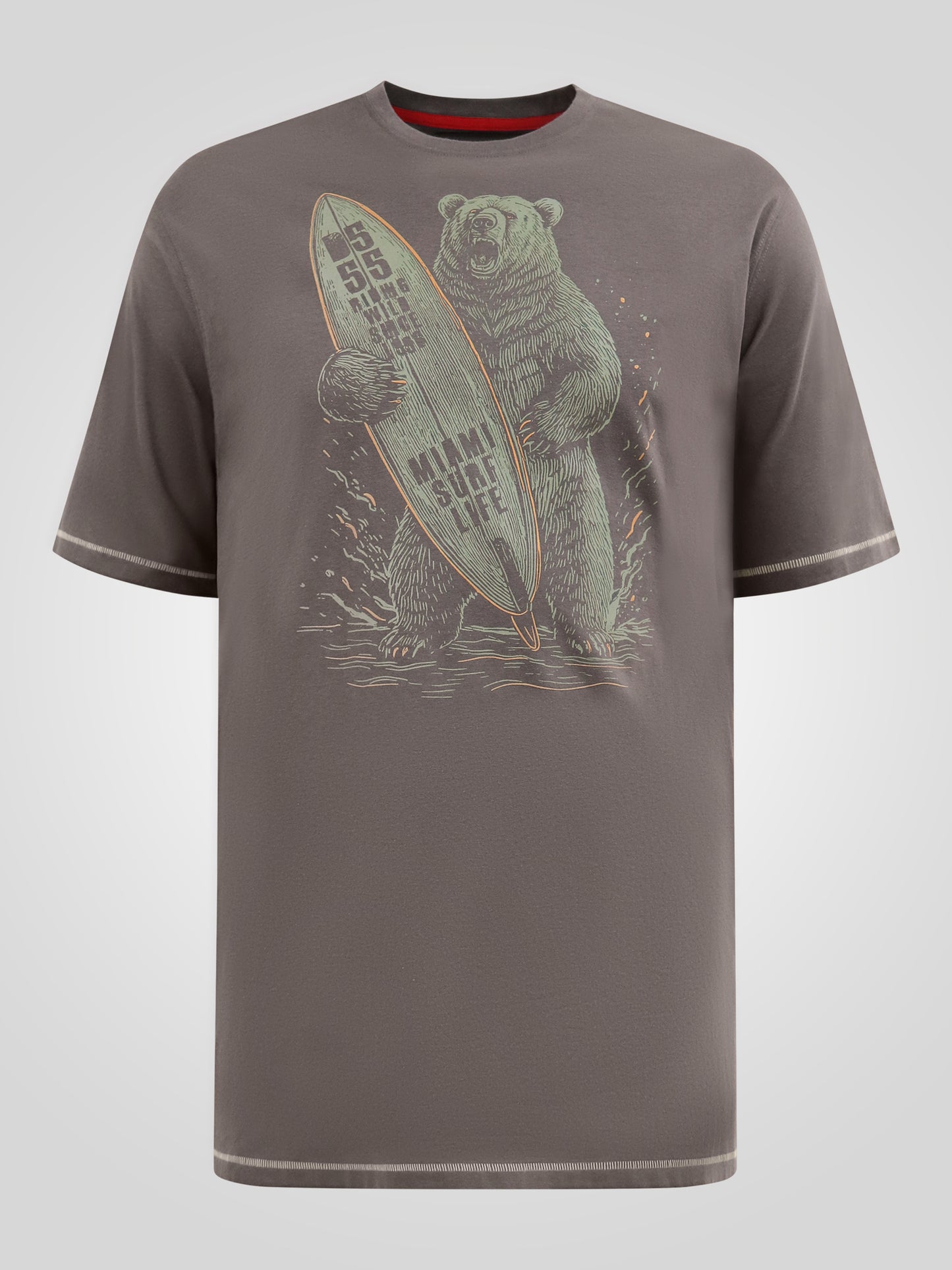 AUSTIN -D555 Khaki Green Surfing Bear Printed Crew Neck T-Shirt