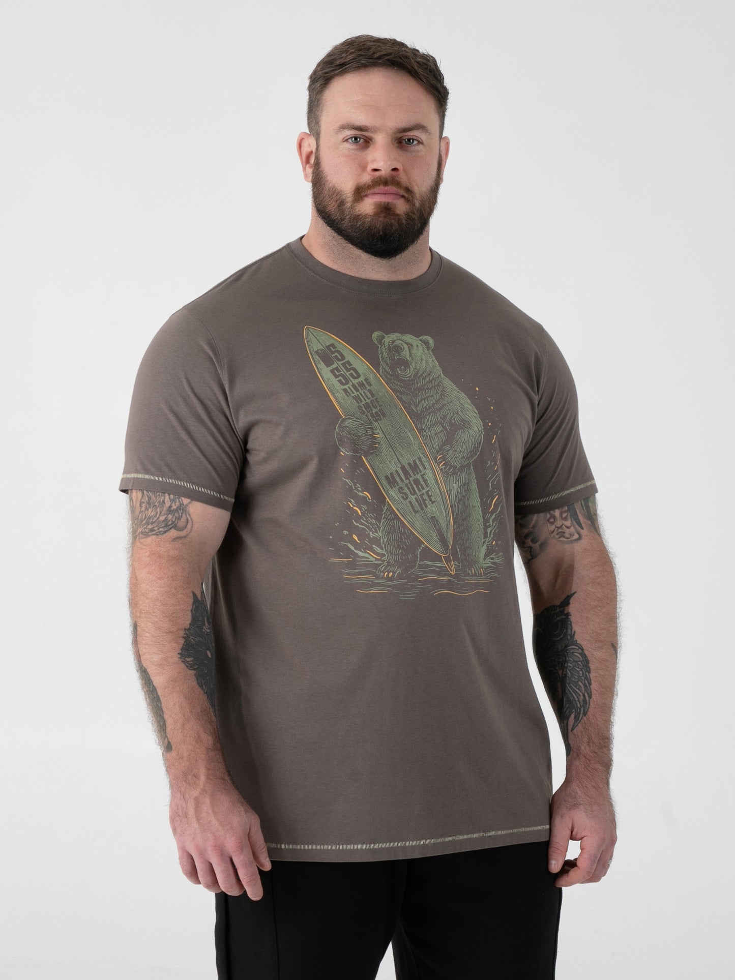 AUSTIN -D555 Khaki Green Surfing Bear Printed Crew Neck T-Shirt
