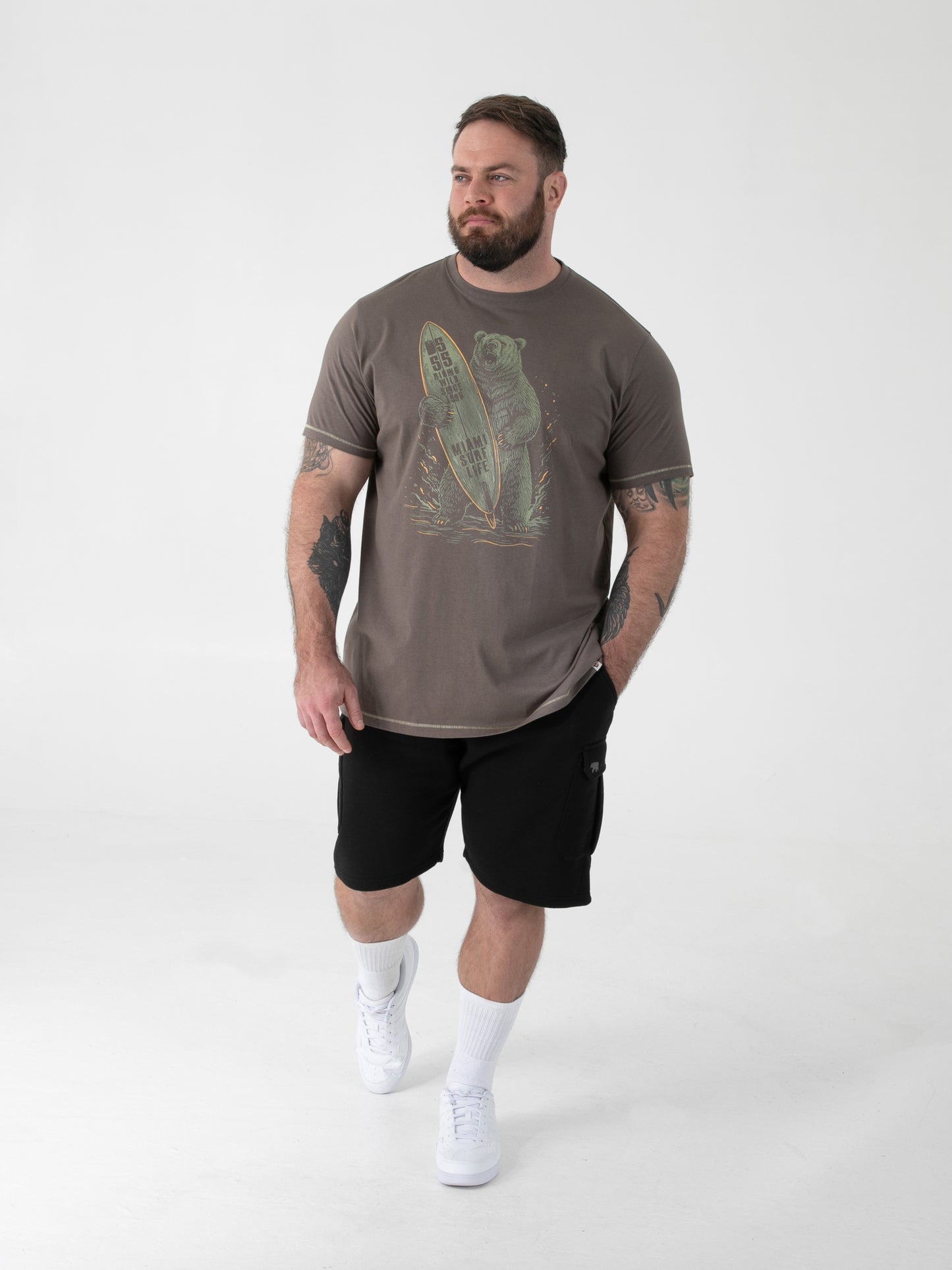 AUSTIN -D555 Khaki Green Surfing Bear Printed Crew Neck T-Shirt