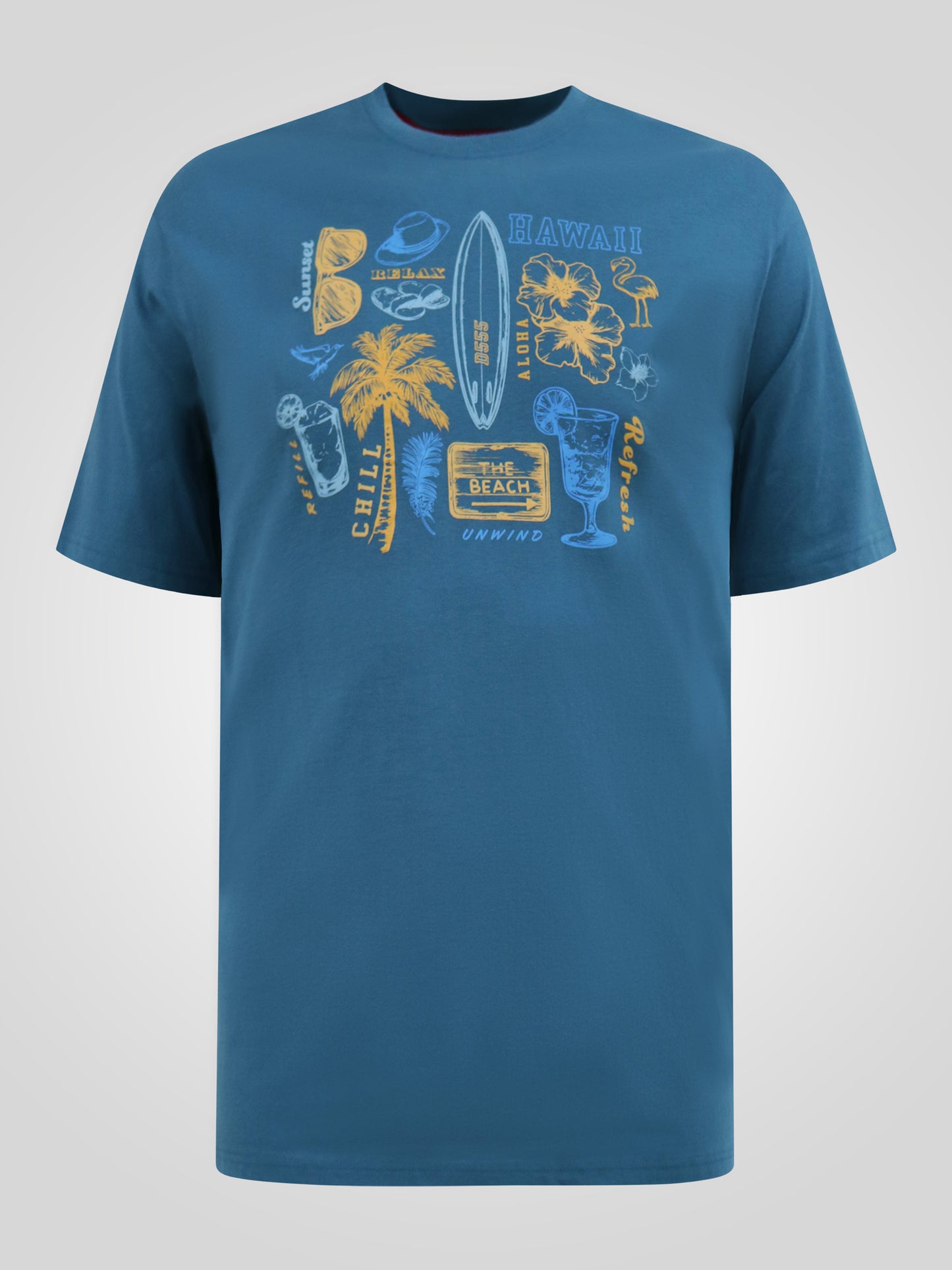 HOVELL -D555 Dark Teal Summer Beach Icon Sketches Printed Crew Neck T-Shirt
