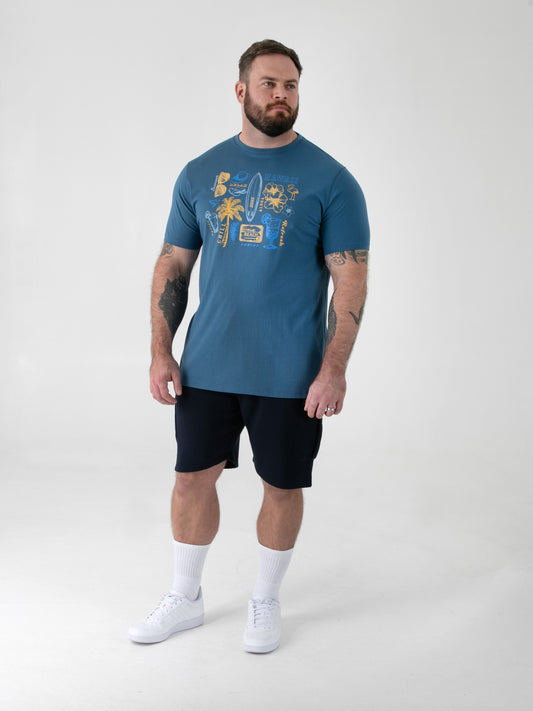 HOVELL -D555 Dark Teal Summer Beach Icon Sketches Printed Crew Neck T-Shirt