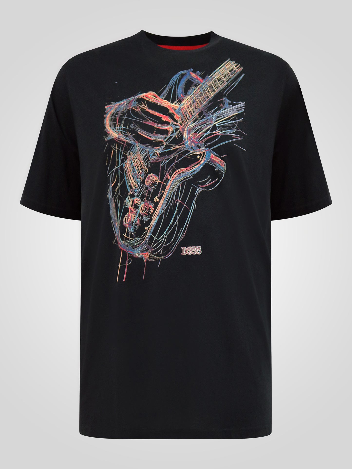 ELLIOTT -D555 Black Multi Coloured Guitar Printed Crew Neck T-Shirt