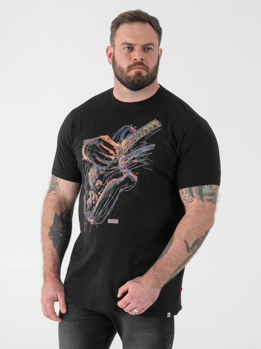 ELLIOTT -D555 Black Multi Coloured Guitar Printed Crew Neck T-Shirt