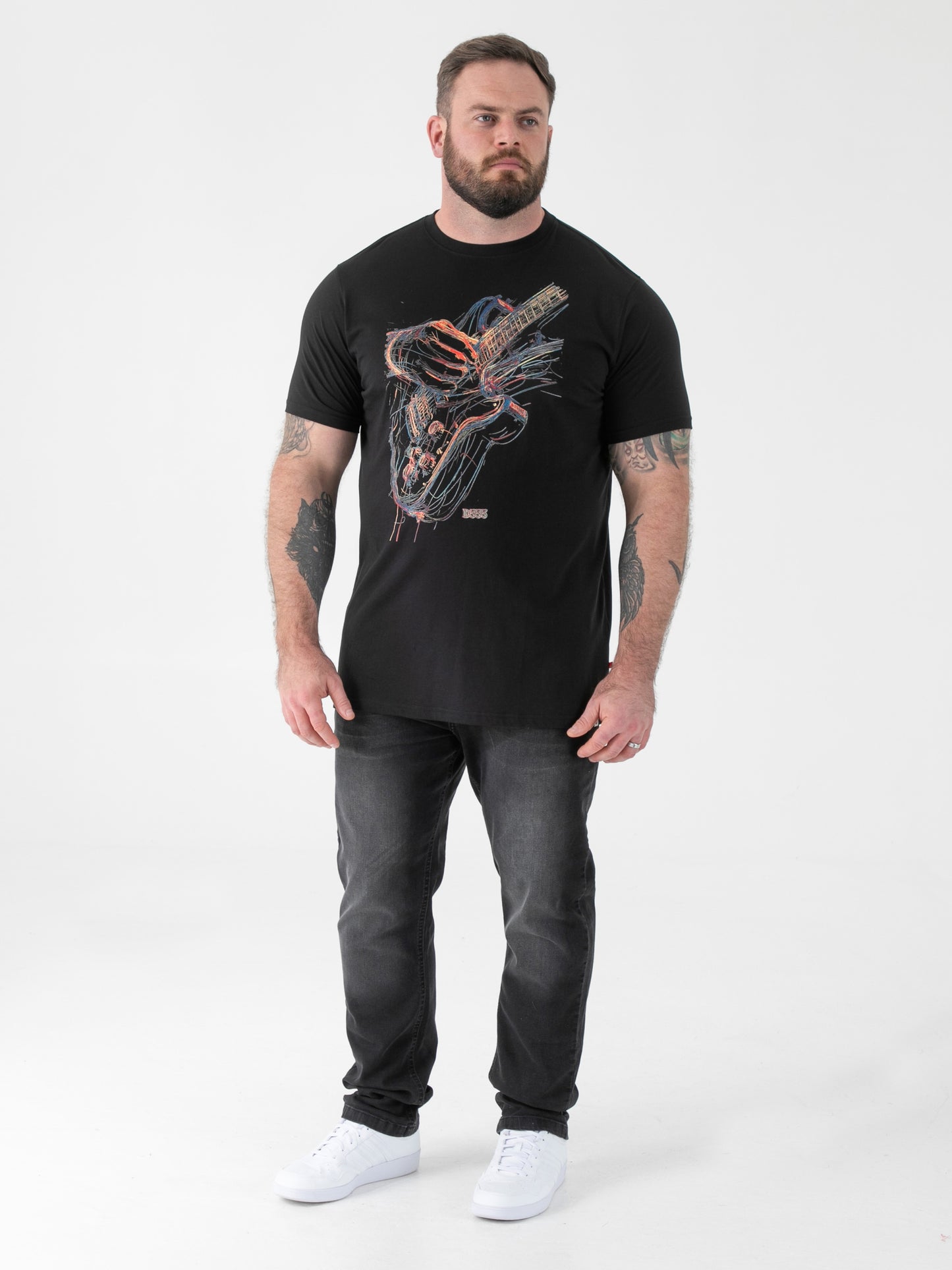 ELLIOTT -D555 Black Multi Coloured Guitar Printed Crew Neck T-Shirt