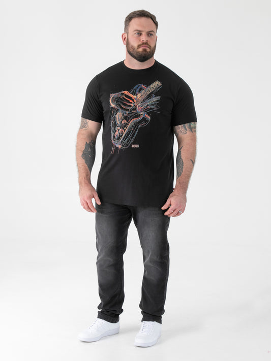 ELLIOTT -D555 Black Multi Coloured Guitar Printed Crew Neck T-Shirt