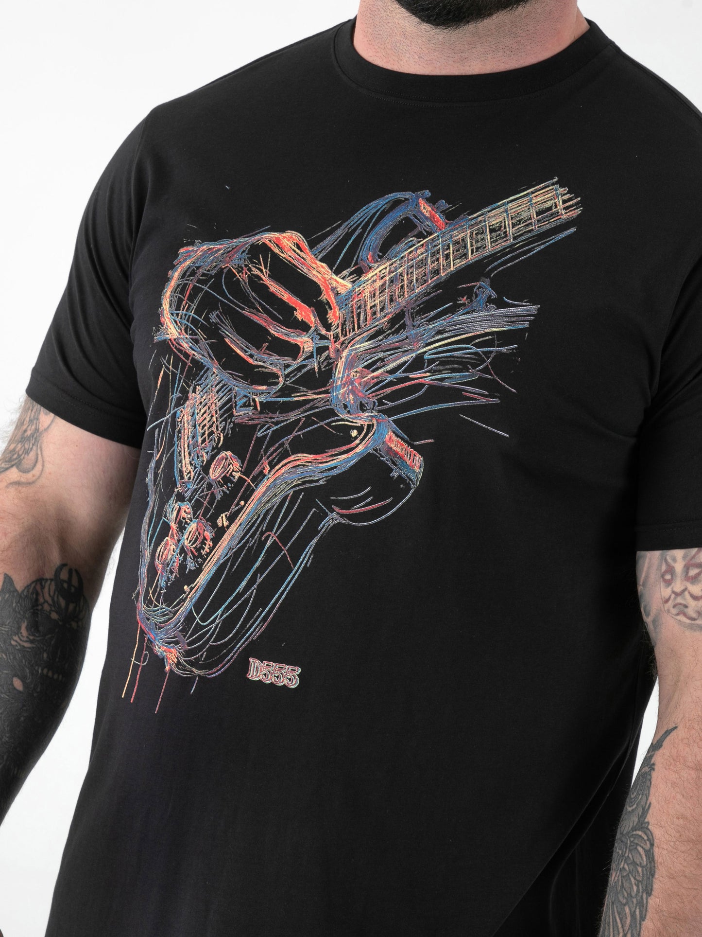 ELLIOTT -D555 Black Multi Coloured Guitar Printed Crew Neck T-Shirt