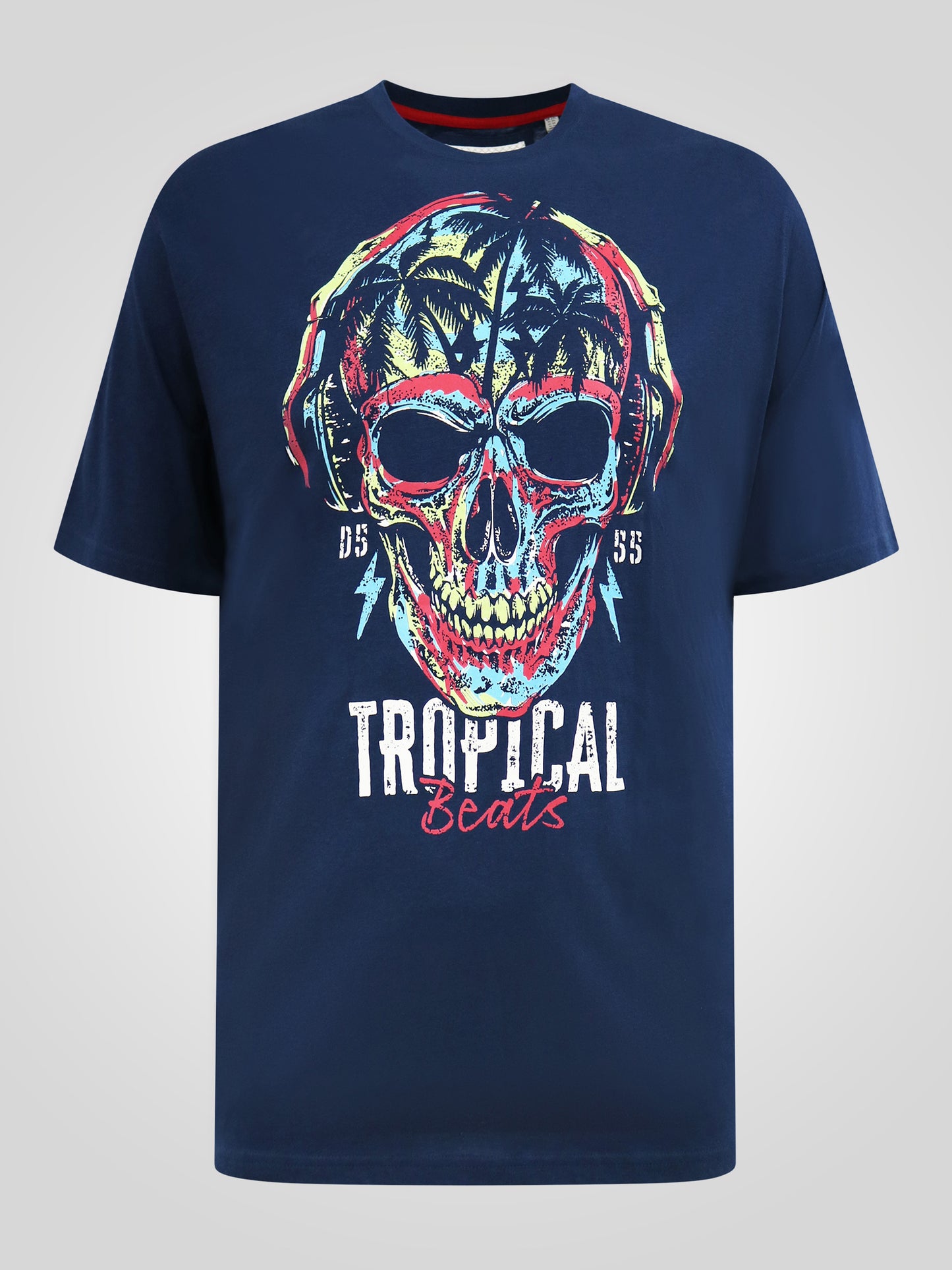 LINTON -D555 Navy Blue Tropical Skull Printed Crew Neck T-Shirt