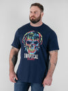 LINTON -D555 Navy Blue Tropical Skull Printed Crew Neck T-Shirt