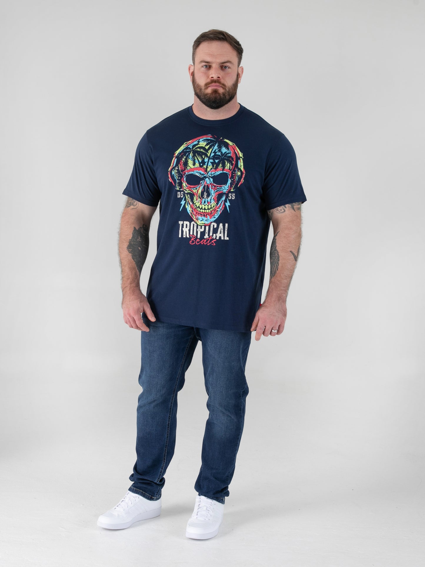 LINTON -D555 Navy Blue Tropical Skull Printed Crew Neck T-Shirt