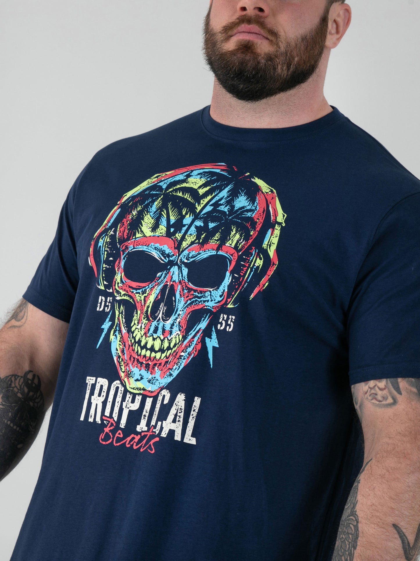 LINTON -D555 Navy Blue Tropical Skull Printed Crew Neck T-Shirt