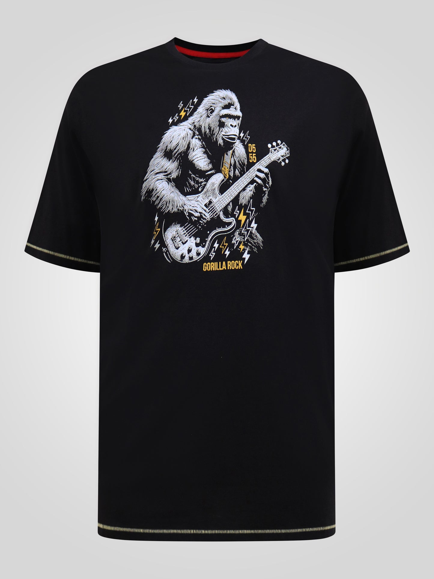 MACFARLAN -D555 Washed Black Gorilla Playing Guitar Printed Crew Neck T-Shirt