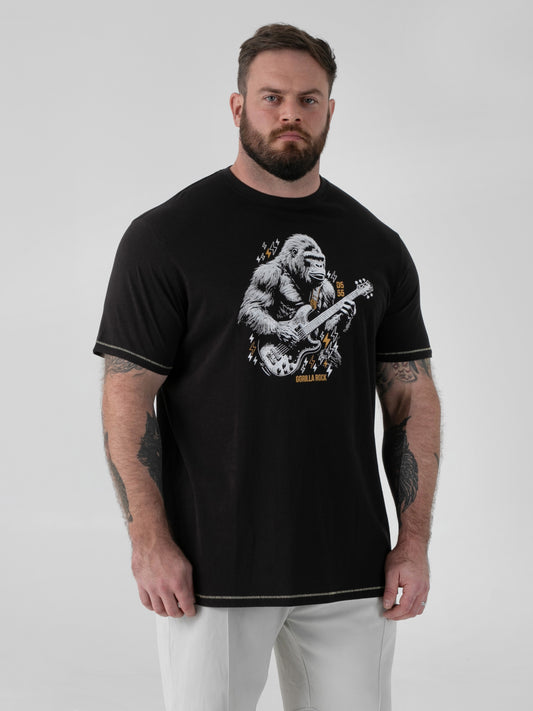 MACFARLAN -D555 Washed Black Gorilla Playing Guitar Printed Crew Neck T-Shirt