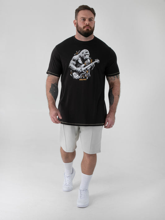 MACFARLAN -D555 Washed Black Gorilla Playing Guitar Printed Crew Neck T-Shirt