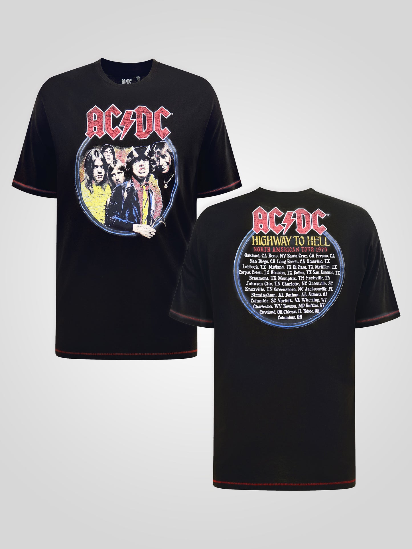 HUGH -D555 Washed Black Official Licensed ACDC Highway To Hell Printed Crew Neck T-Shirt