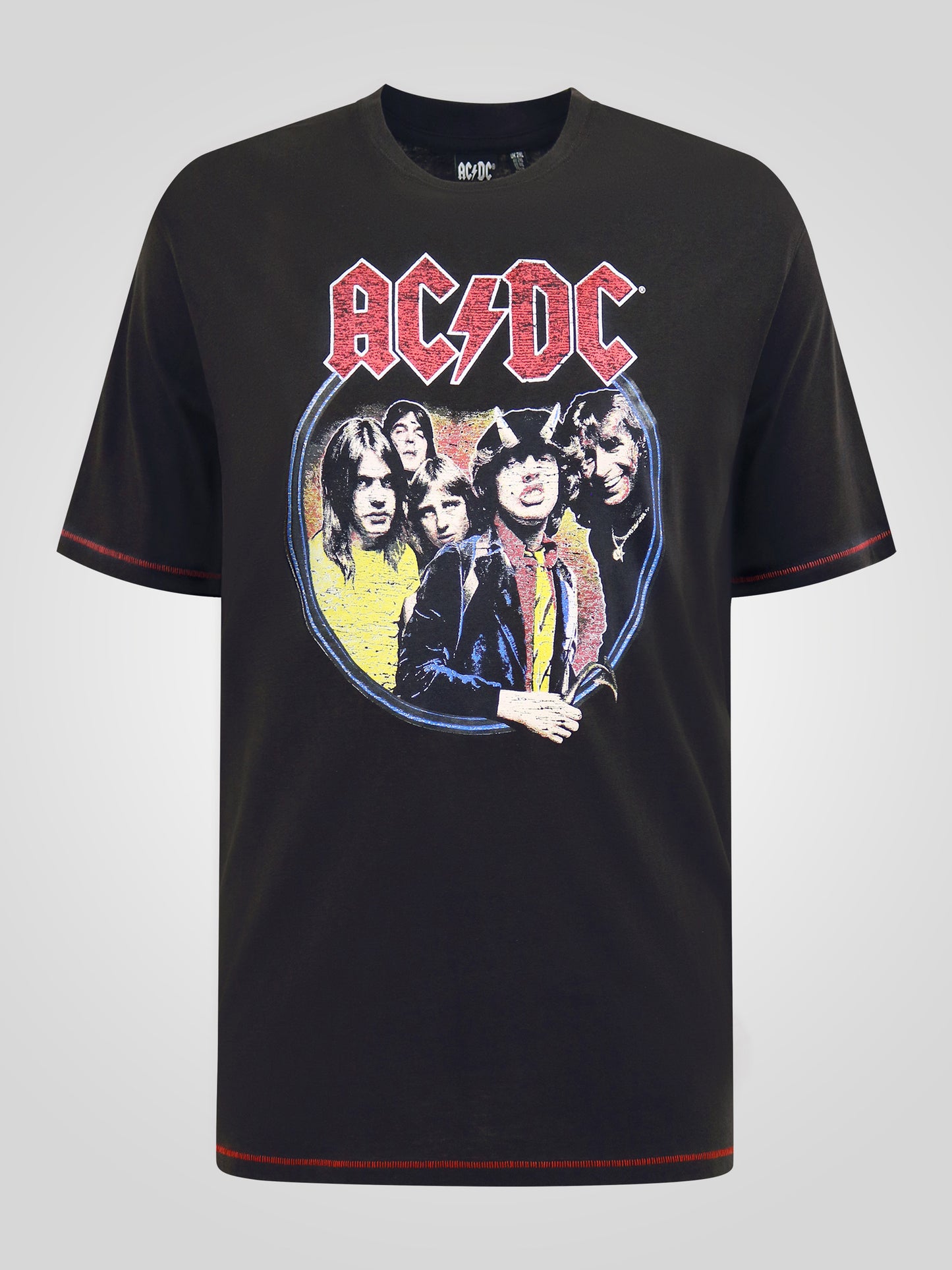 HUGH -D555 Washed Black Official Licensed ACDC Highway To Hell Printed Crew Neck T-Shirt