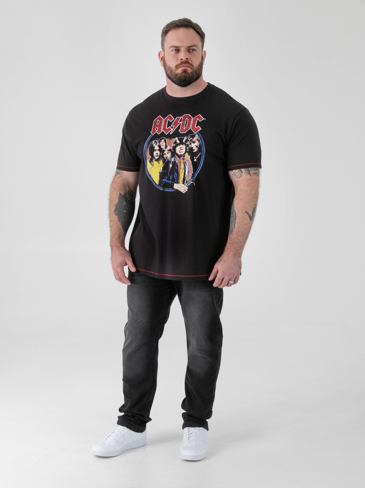 HUGH -D555 Washed Black Official Licensed ACDC Highway To Hell Printed Crew Neck T-Shirt