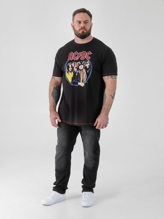 HUGH -D555 Washed Black Official Licensed ACDC Highway To Hell Printed Crew Neck T-Shirt