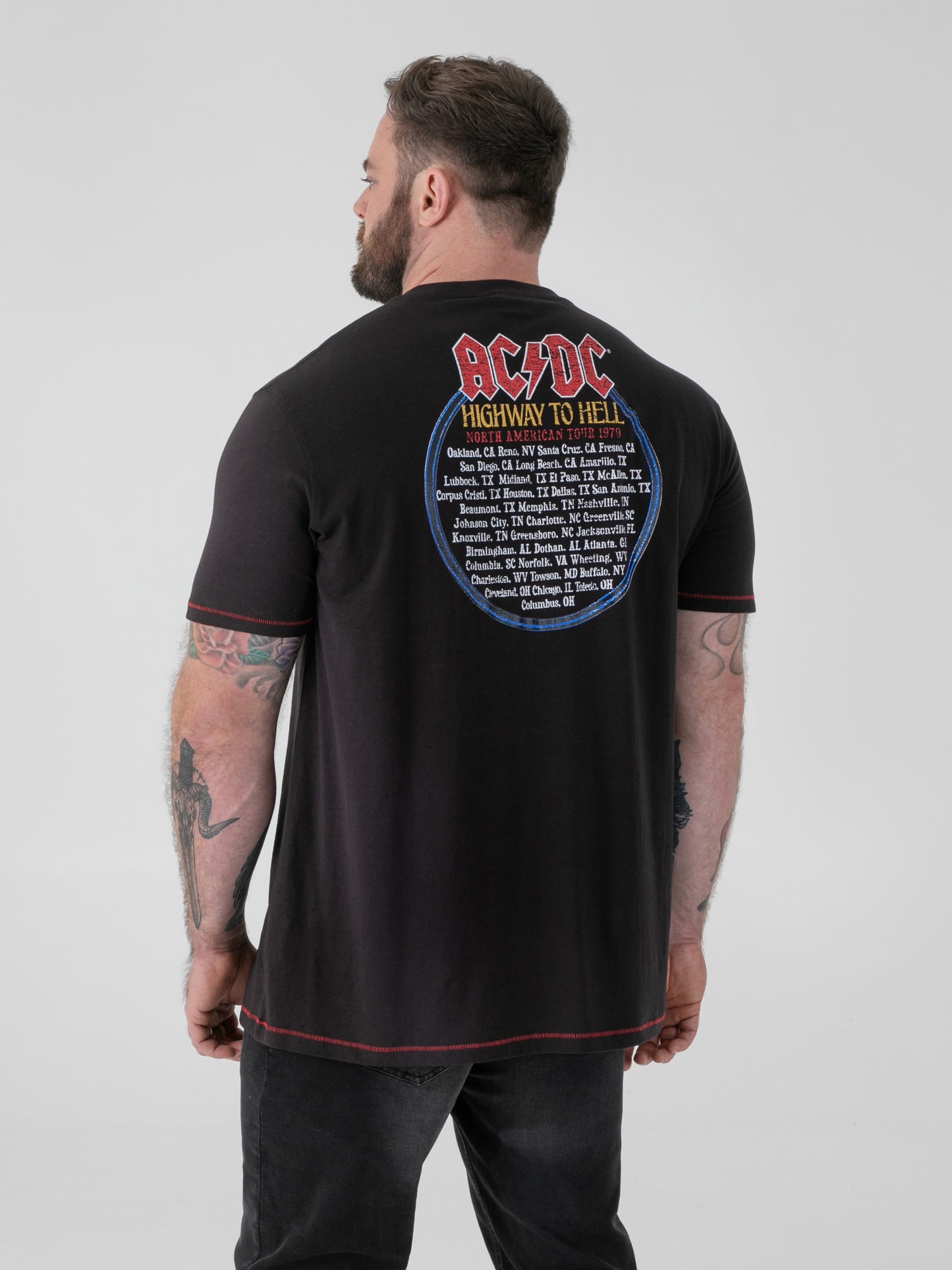 HUGH -D555 Washed Black Official Licensed ACDC Highway To Hell Printed Crew Neck T-Shirt