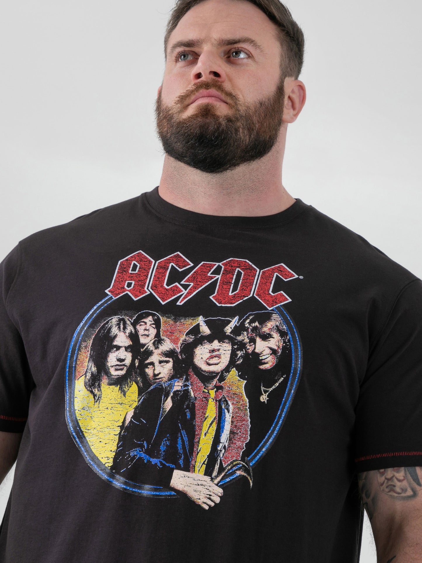 HUGH -D555 Washed Black Official Licensed ACDC Highway To Hell Printed Crew Neck T-Shirt