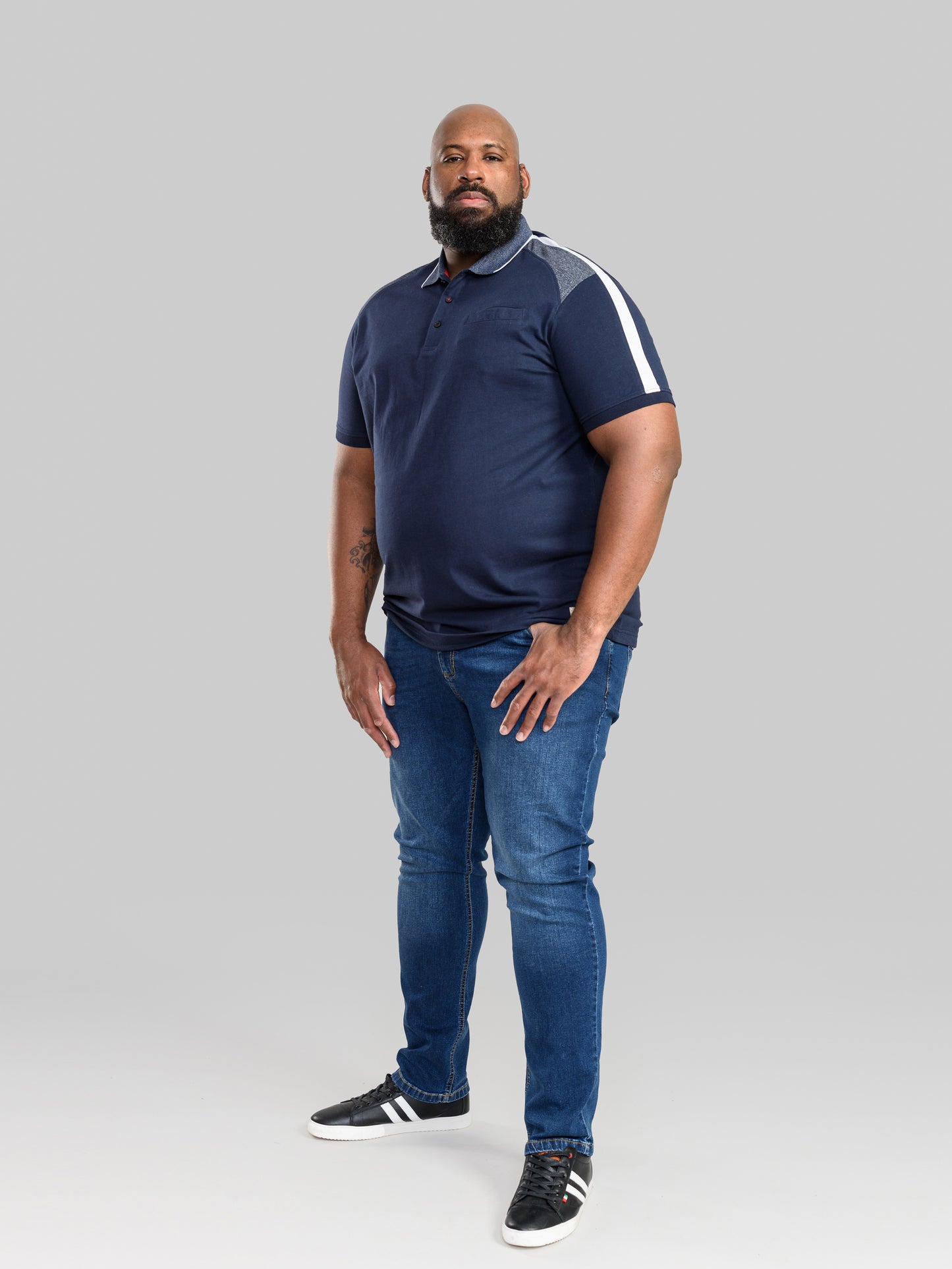 BURGATE -D555 Navy Blue Cut and Sew Jersey Polo Shirt with Tipped Collar