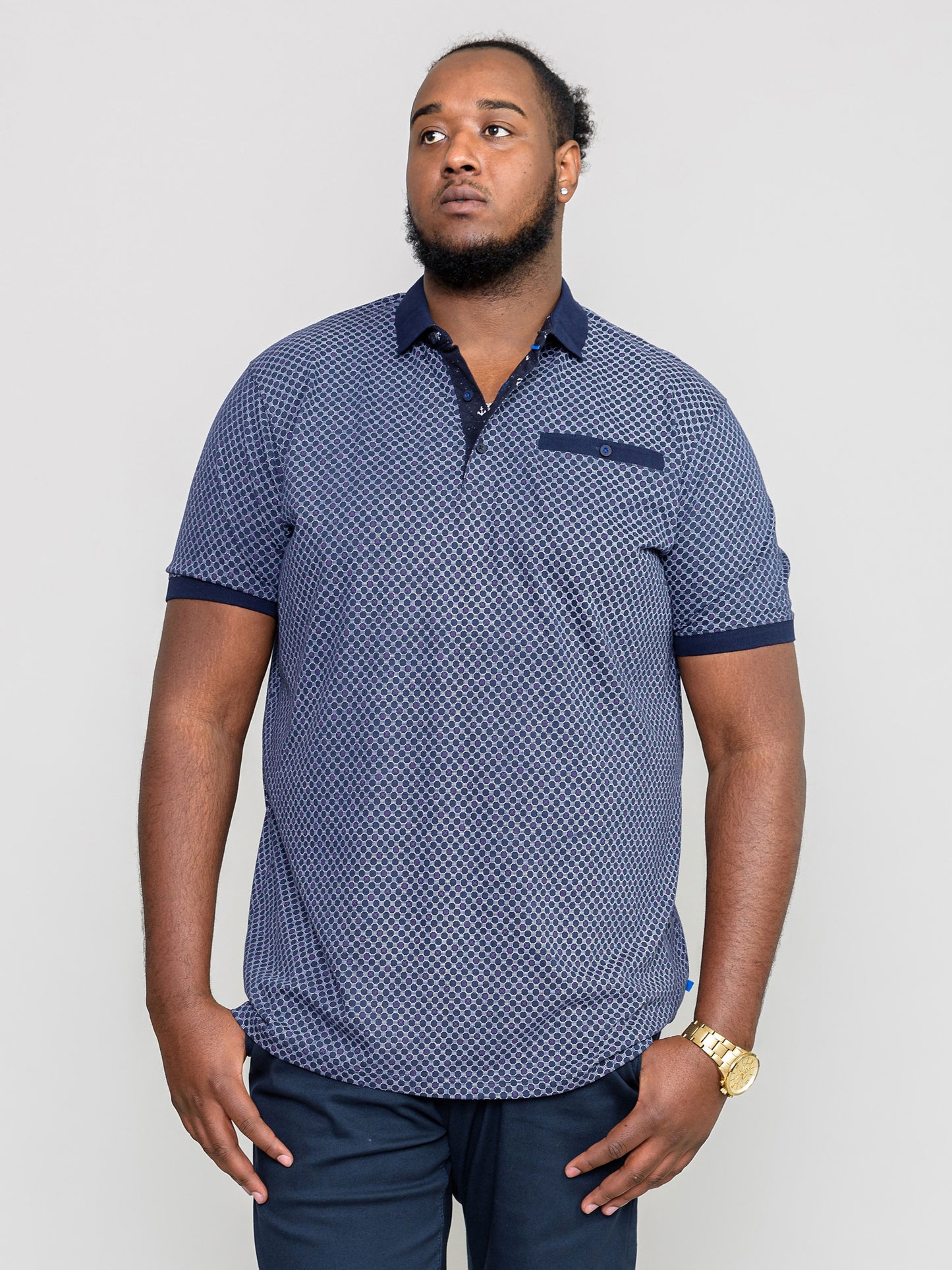 AXFORD -D555 Navy Blue All Over Print Jersey Polo Shirt with Chest Pocket