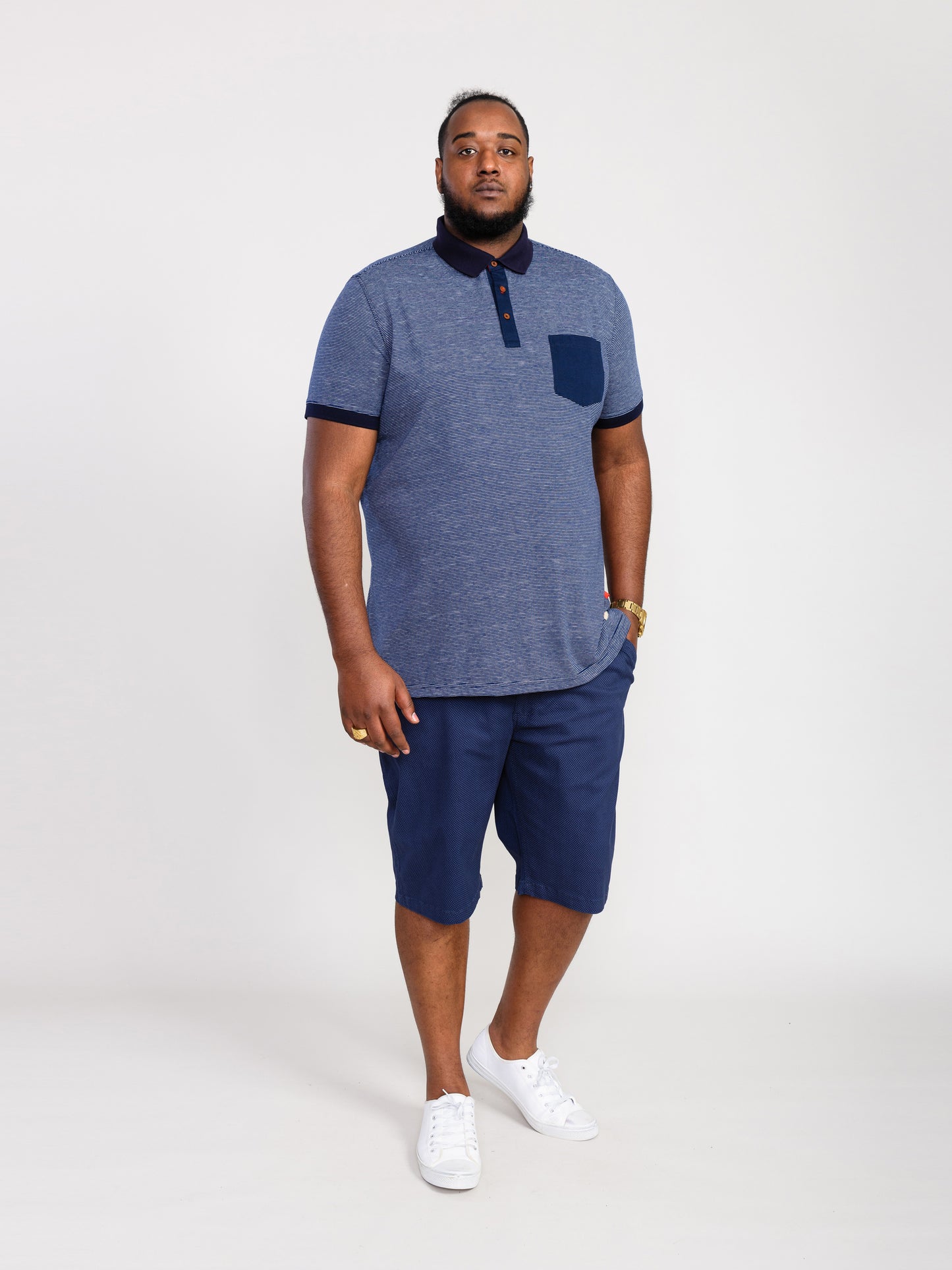 OXLEY -D555 Navy Blue Fine Stripe Jersey Polo Shirt with Patch Pocket