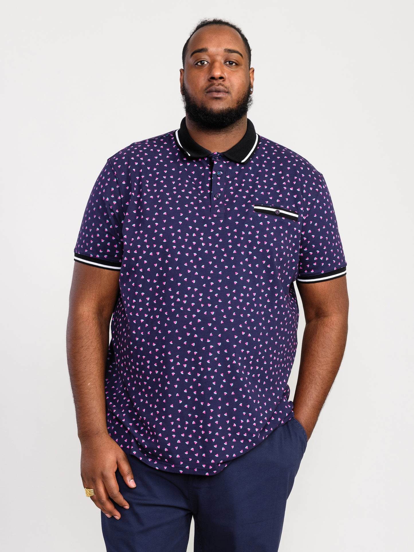 ROVER -D555 Dark Navy Blue Melon Printed Polo Shirt with Ribbed Collar Cuffs
