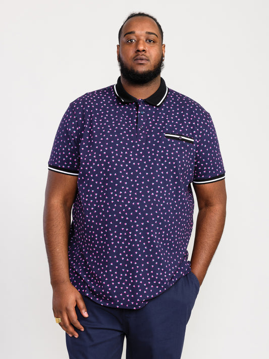 ROVER -D555 Dark Navy Blue Melon Printed Polo Shirt with Ribbed Collar Cuffs