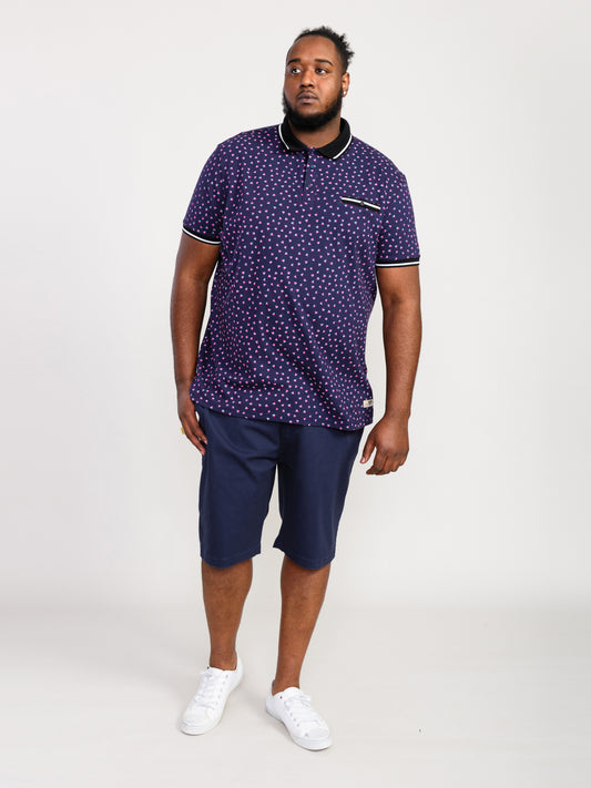 ROVER -D555 Dark Navy Blue Melon Printed Polo Shirt with Ribbed Collar Cuffs