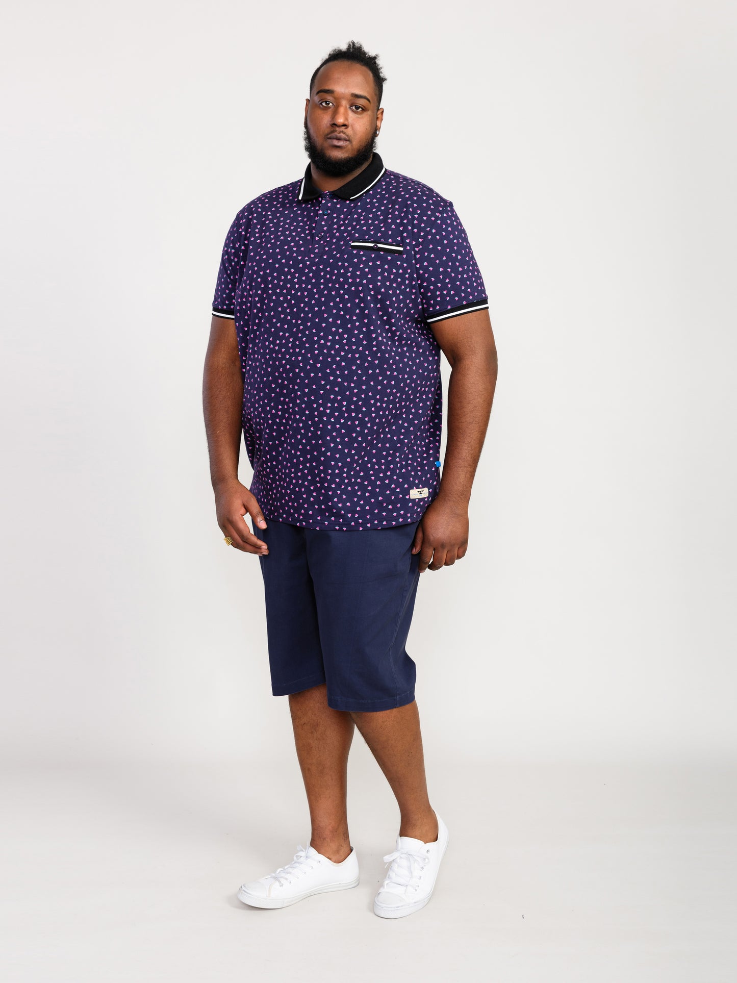 ROVER -D555 Dark Navy Blue Melon Printed Polo Shirt with Ribbed Collar Cuffs