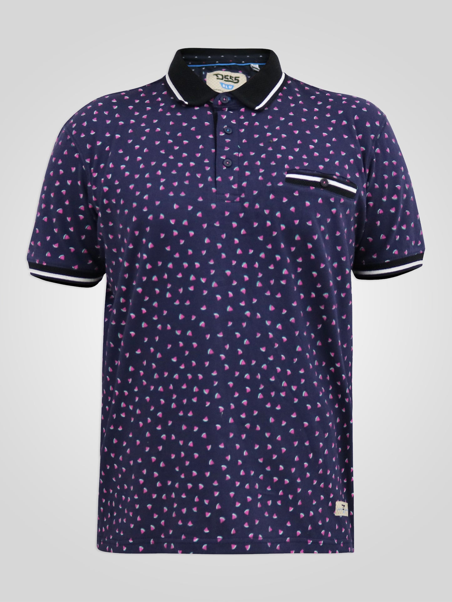 ROVER -D555 Dark Navy Blue Melon Printed Polo Shirt with Ribbed Collar Cuffs