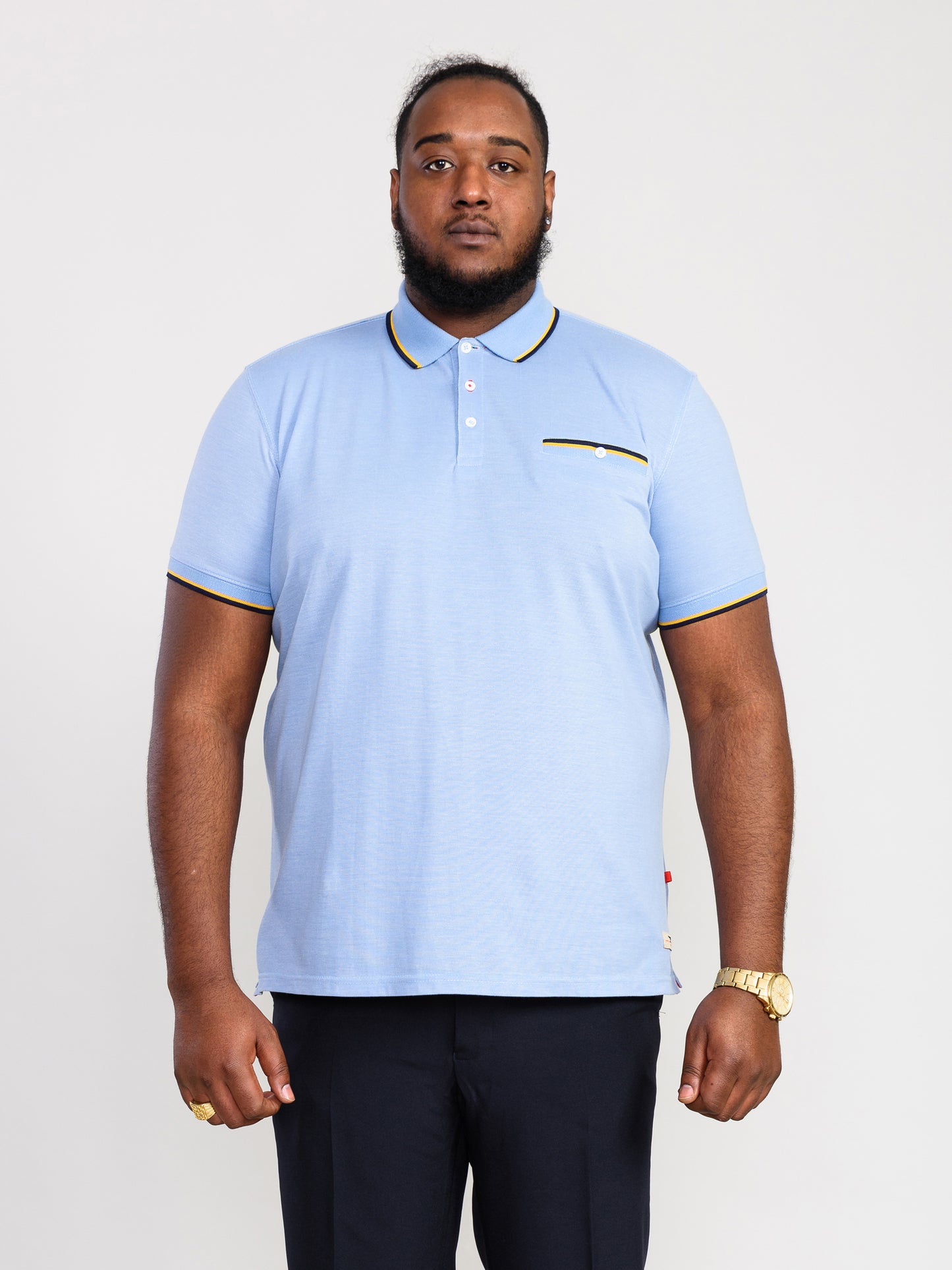 TALBOT -D555 Blue Pique Polo Shirt with Jacquard Collar Cuffs and Pocket Opening