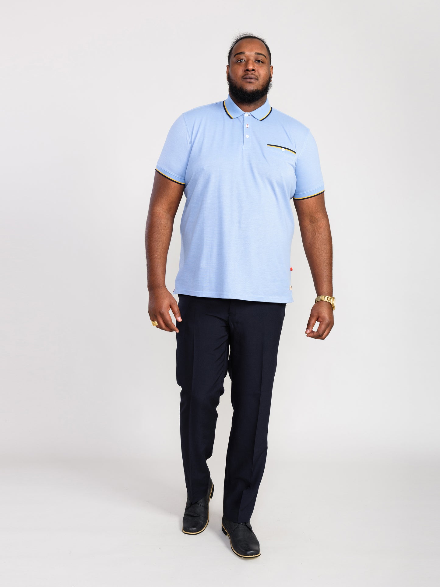 TALBOT -D555 Blue Pique Polo Shirt with Jacquard Collar Cuffs and Pocket Opening