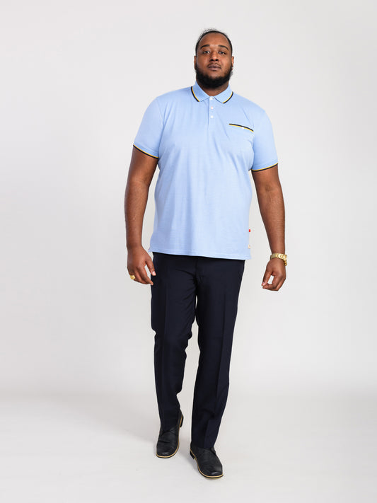 TALBOT -D555 Blue Pique Polo Shirt with Jacquard Collar Cuffs and Pocket Opening