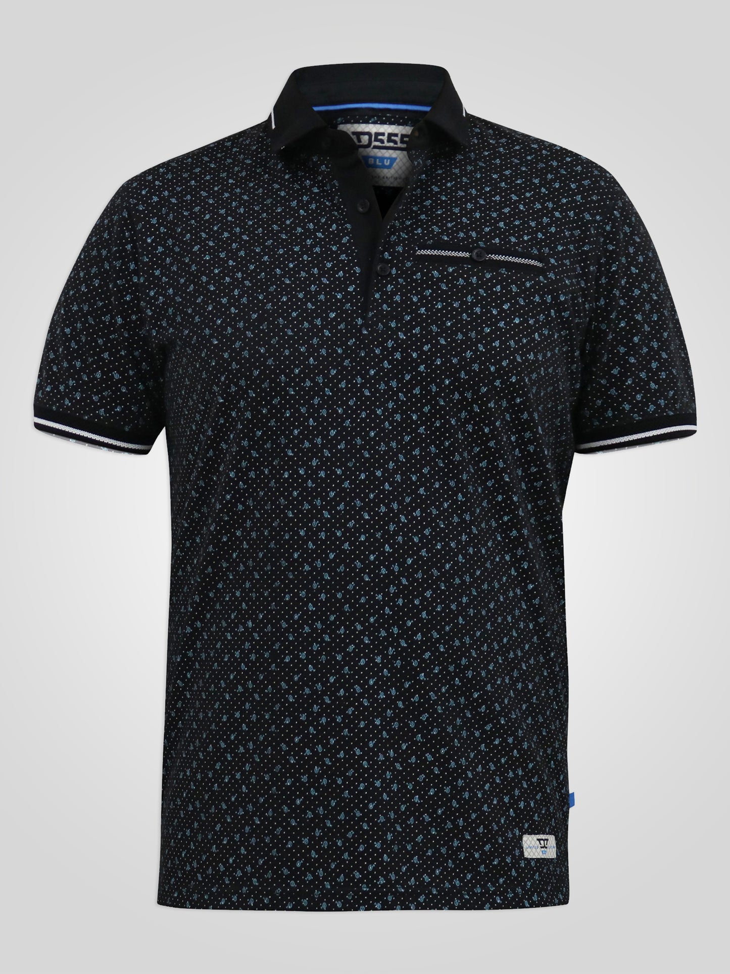 WILSON -D555 Black All Over Print Polo Shirt with Jacquard Collar