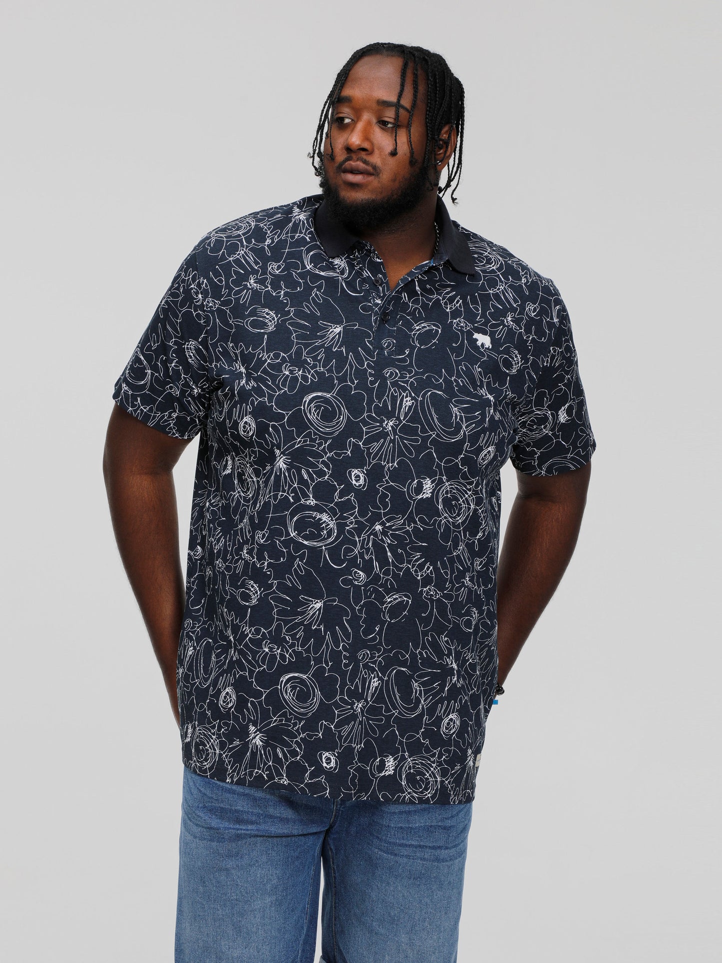 ROLAND -D555 Navy Blue All Over Abstract Printed Pique Polo Shirt