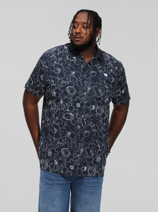 ROLAND -D555 Navy Blue All Over Abstract Printed Pique Polo Shirt