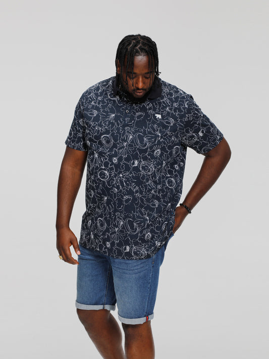 ROLAND -D555 Navy Blue All Over Abstract Printed Pique Polo Shirt