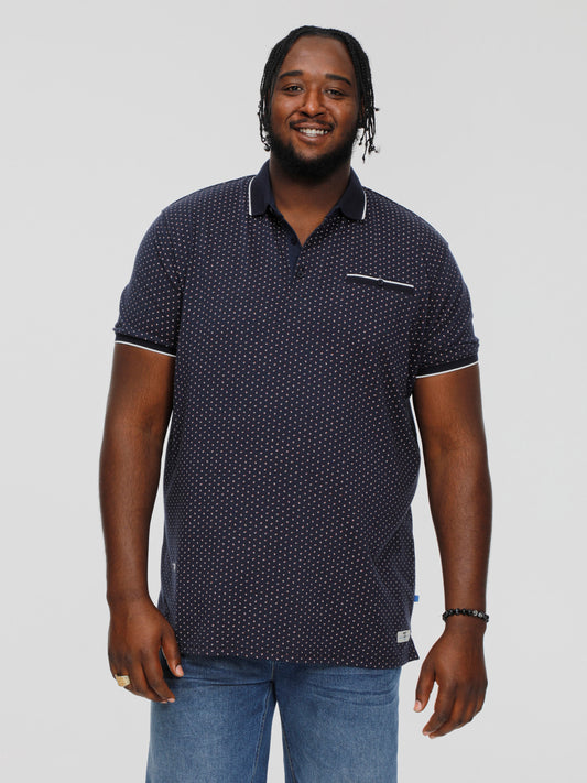 DARWIN -D555 Navy Blue Print Polo Shirt with Jacquard Collar and Ribbed Cuffs