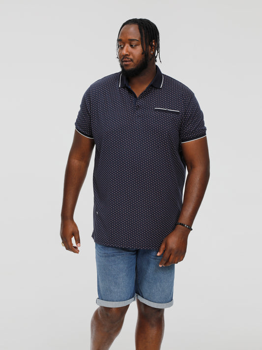 DARWIN -D555 Navy Blue Print Polo Shirt with Jacquard Collar and Ribbed Cuffs