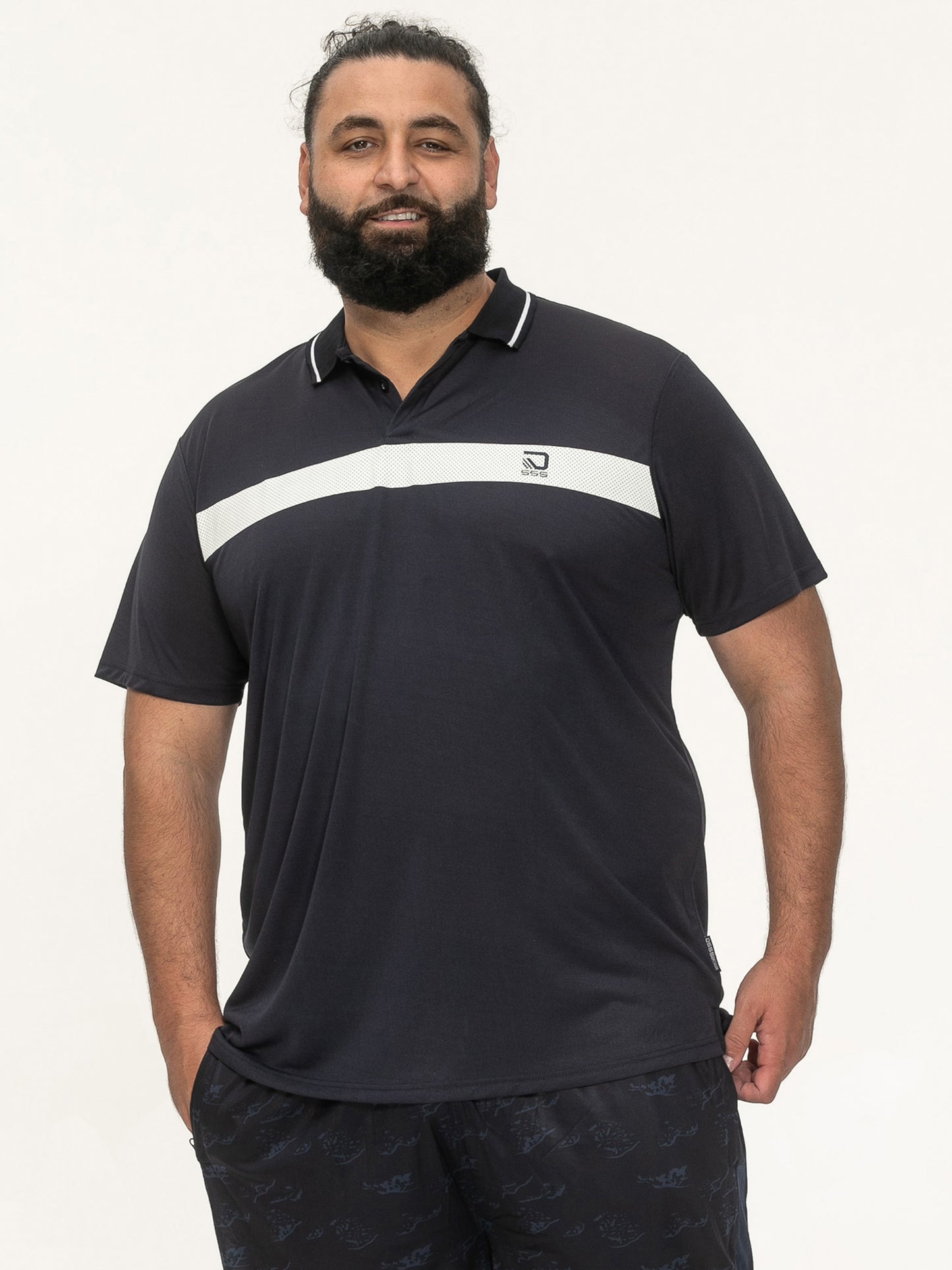 HINCKLEY -D555 Navy Blue Stretch Polo with Printed Chest and Tipping Collar