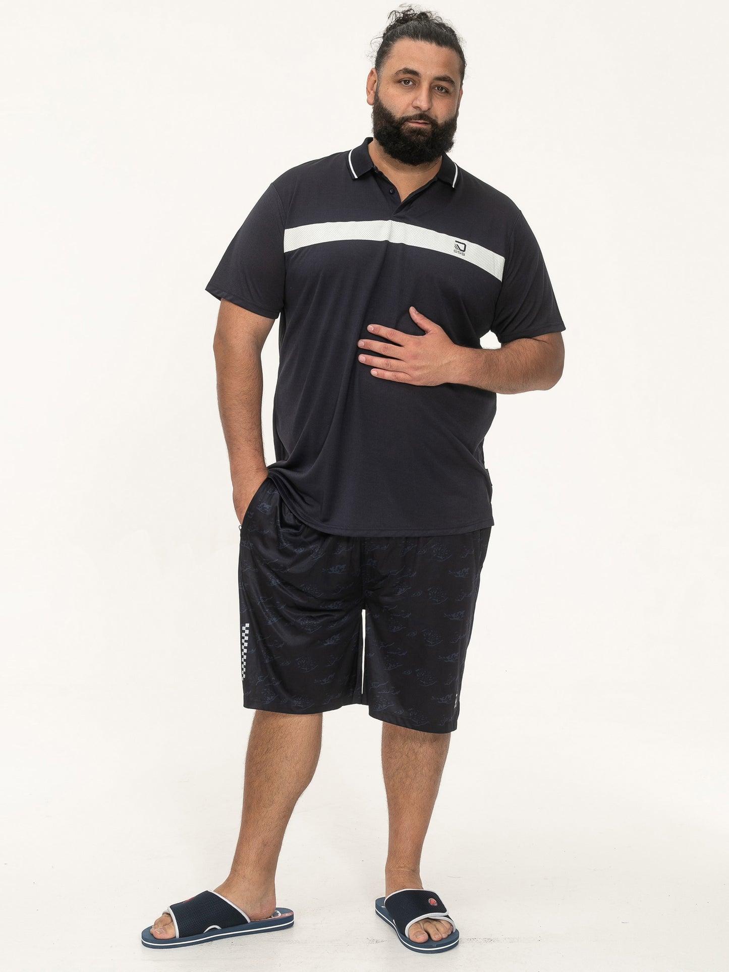 HINCKLEY -D555 Navy Blue Stretch Polo with Printed Chest and Tipping Collar