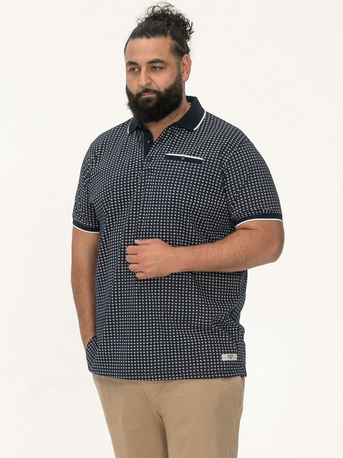 COVENTRY -D555 Navy Blue All Over Print Polo Shirt with Jacquard Collar