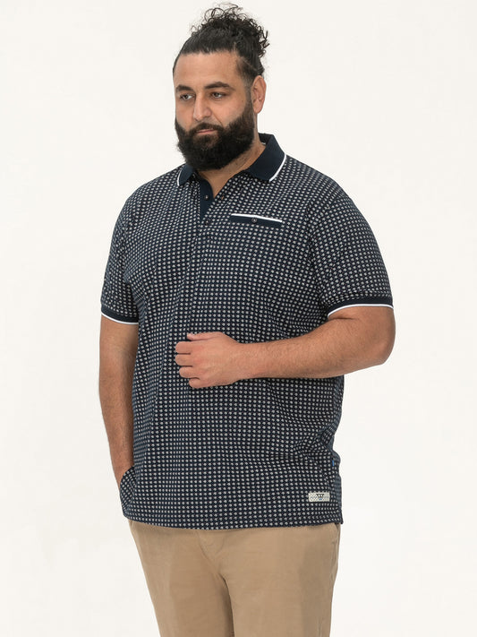 COVENTRY -D555 Navy Blue All Over Print Polo Shirt with Jacquard Collar