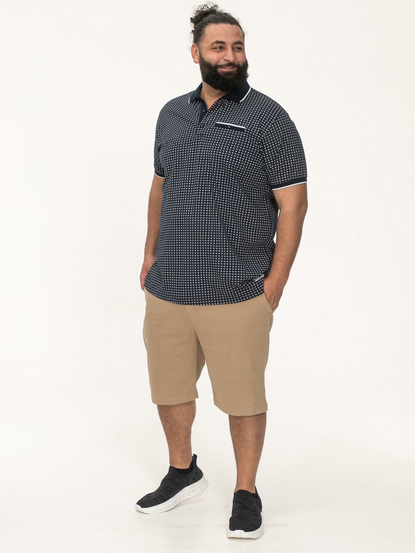 COVENTRY -D555 Navy Blue All Over Print Polo Shirt with Jacquard Collar