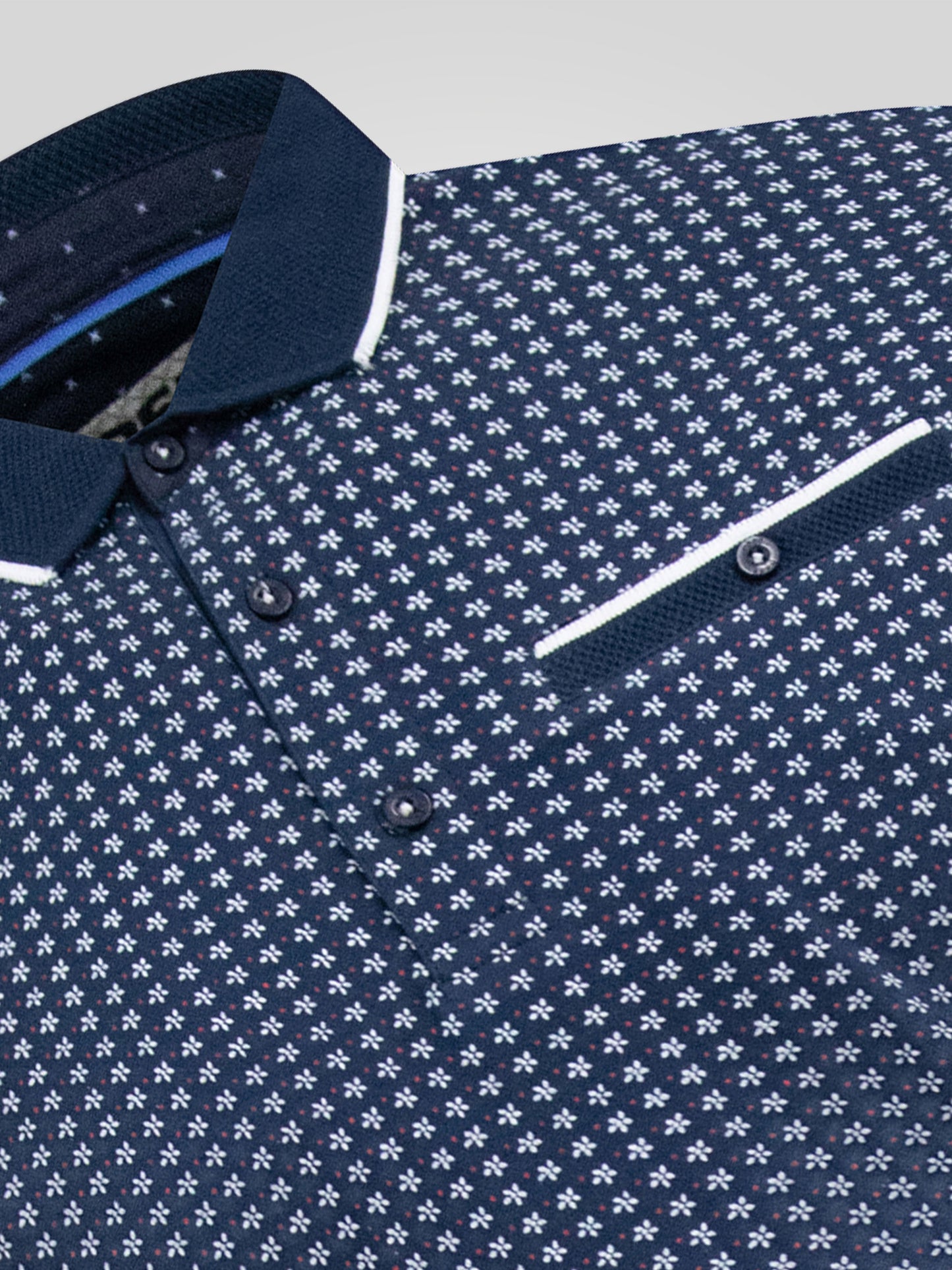COVENTRY -D555 Navy Blue All Over Print Polo Shirt with Jacquard Collar