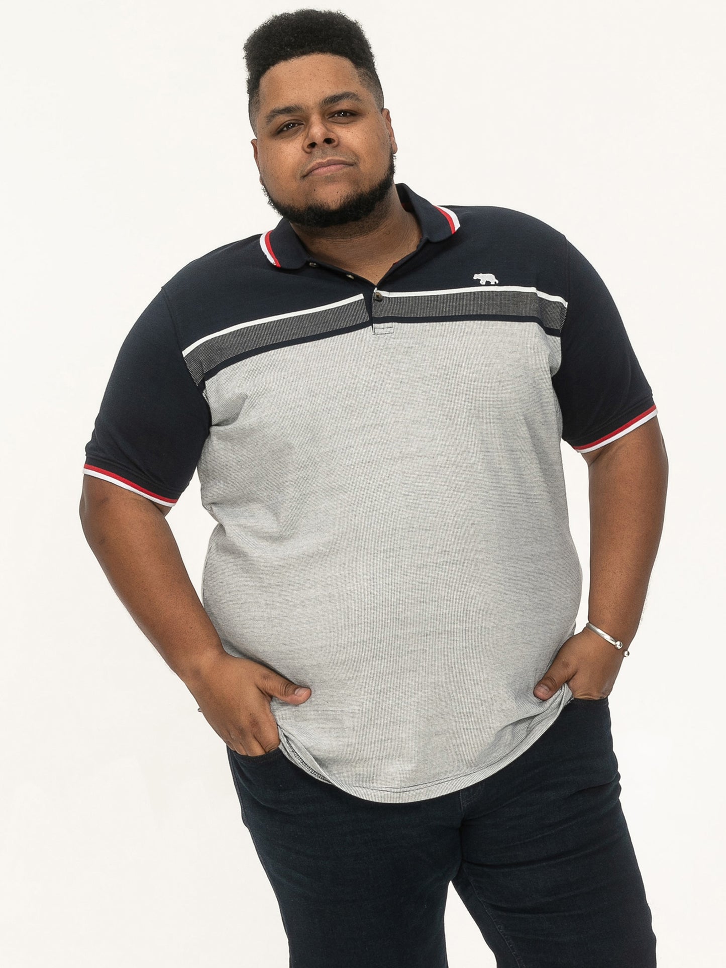 TIPTON -D555 Navy Blue Stripe Jacquard Short Sleeve Polo
