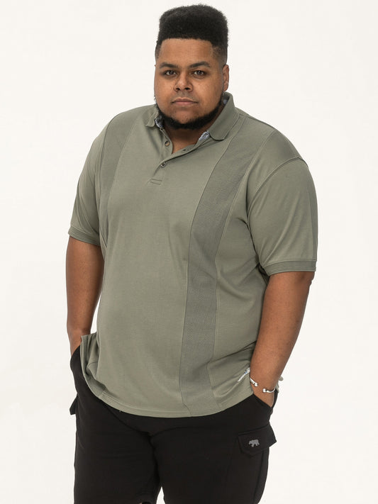 CHIPPENHAM -D555 Khaki Green Jacquard Knitted Front Panel Short Sleeve Polo