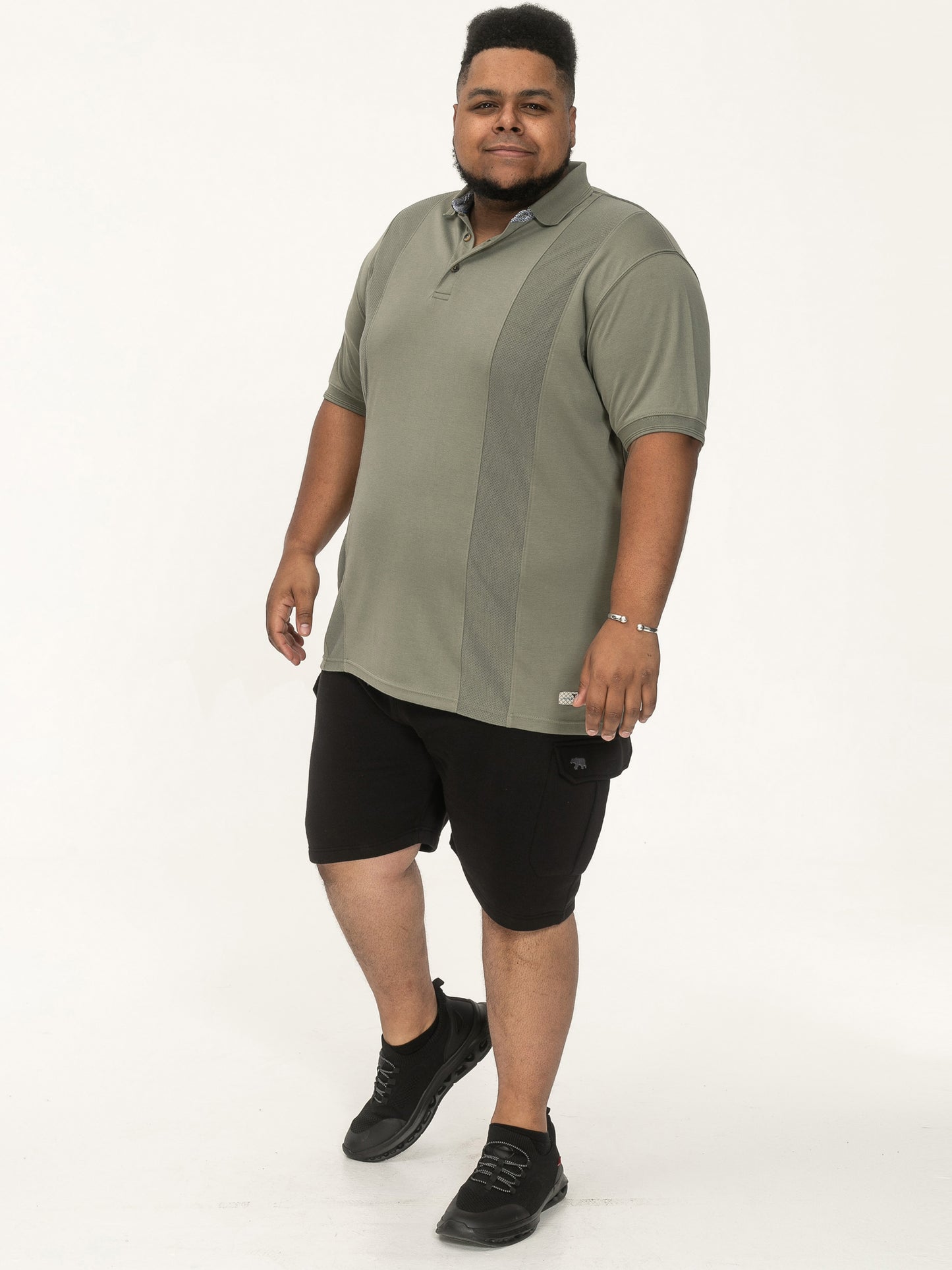 CHIPPENHAM -D555 Khaki Green Jacquard Knitted Front Panel Short Sleeve Polo